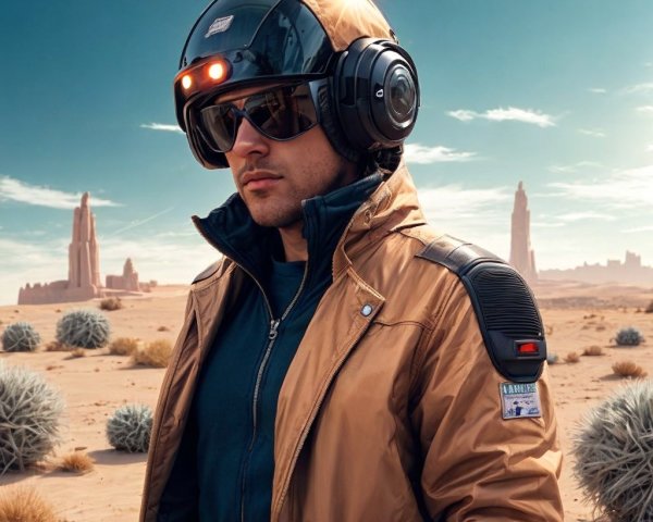 Futuristic Figure in Desert Landscape with Rock Formations