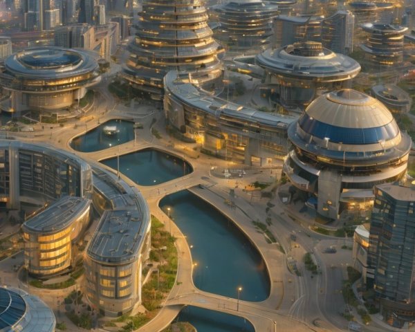 Futuristic cityscape with circular skyscrapers at sunset