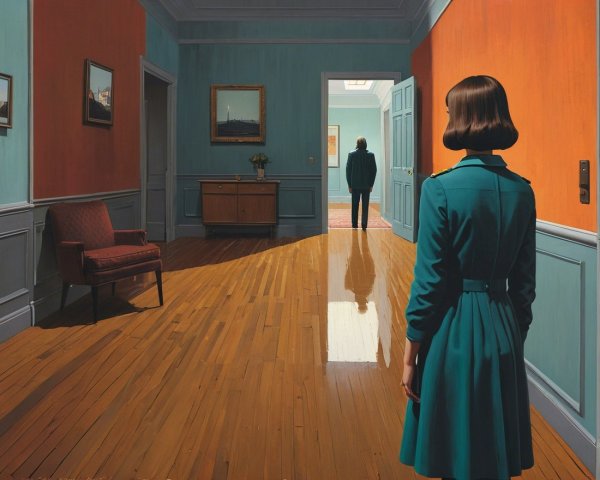 Woman in Teal Coat in Sunlit Corridor with Artworks