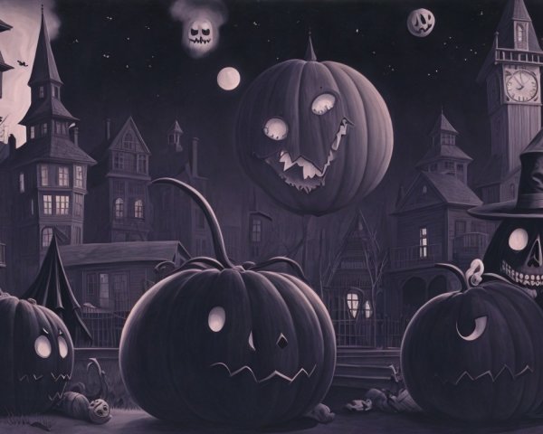 Black and White Halloween Scene with Eerie Pumpkins