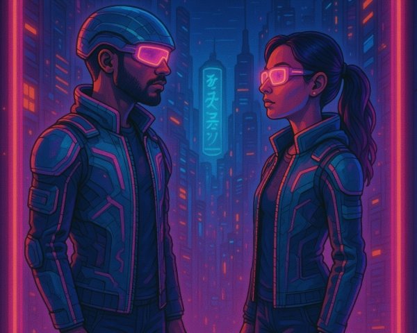 Futuristic Cityscape with Neon-Lit Figures and Skyscrapers