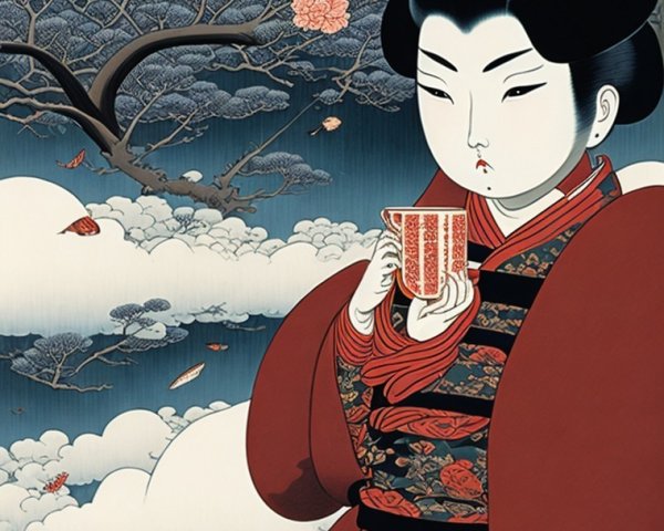 Traditional Japanese Woman in Vibrant Kimono with Tea