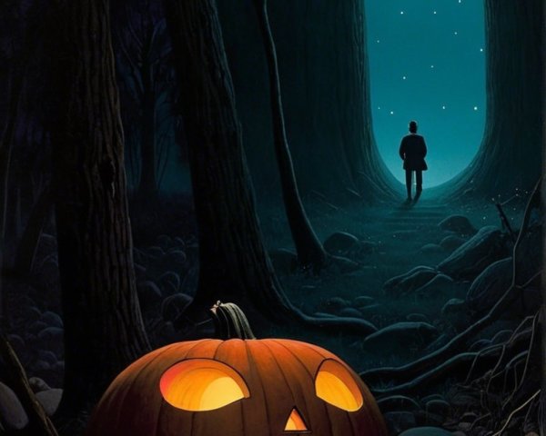 Glowing Jack-o'-Lantern in a Dark Forest Scene