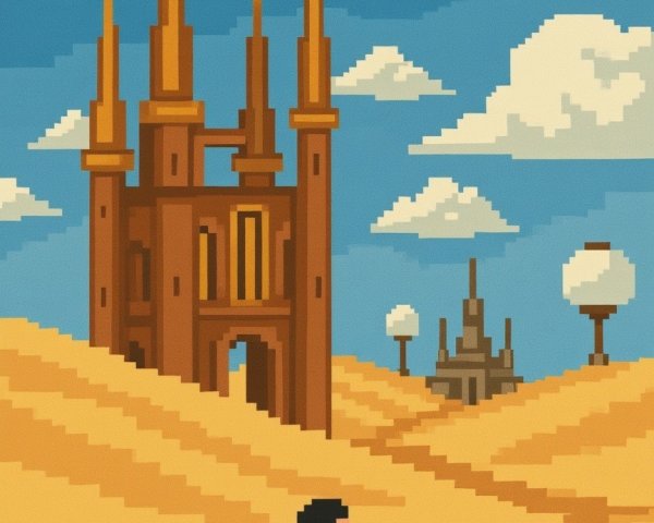 Pixel Art Desert Landscape with Castle and Trees