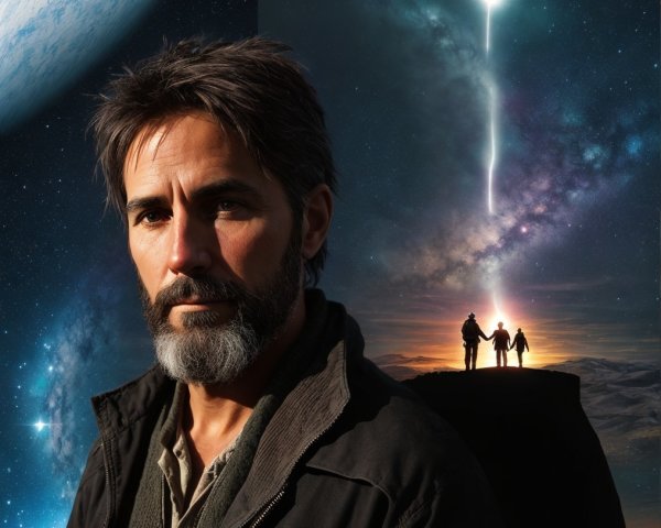 Rugged Man Contemplating Cosmic Scene with Galaxy