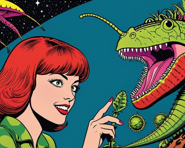 Retro-style illustration of a woman and alien creature