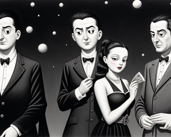 Elegant Black-and-White Scene with Tuxedoed Men and Woman