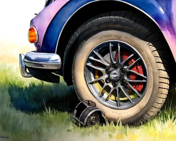 Close-Up of Vintage Car Wheel in Watercolor Illustration