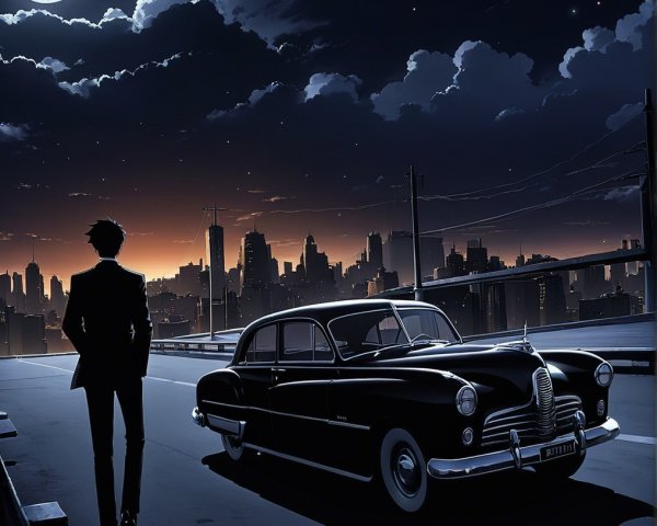 Lone Figure in Black Suit by Vintage Car at Night