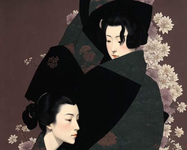 Elegant Women in Traditional Kimonos with Floral Motifs