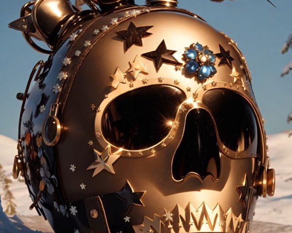 Ornate Steampunk Skull with Metallic Elements and Bird