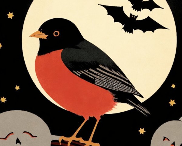 Vibrant Bird Illustration in Halloween Night Setting