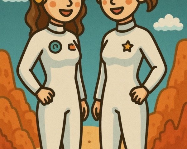 Astronauts on Rocky Landscape with Distant Planet Background