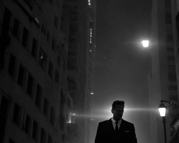 Mysterious Figure in Black Suit on Dimly Lit Street