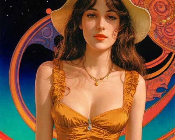 Young Woman in Golden Dress in Surreal Setting