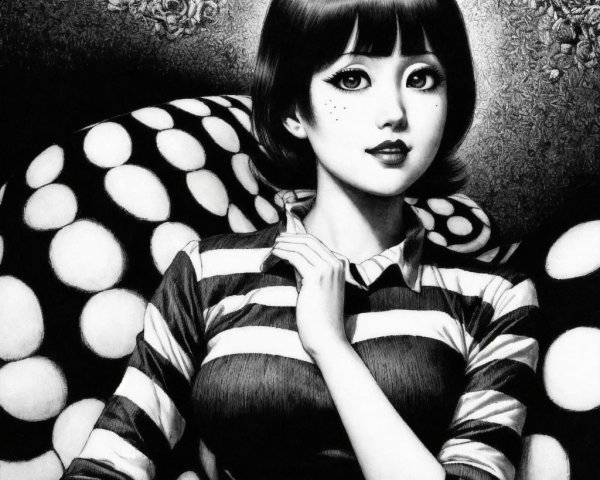 Black and White Illustration of Woman with Roses