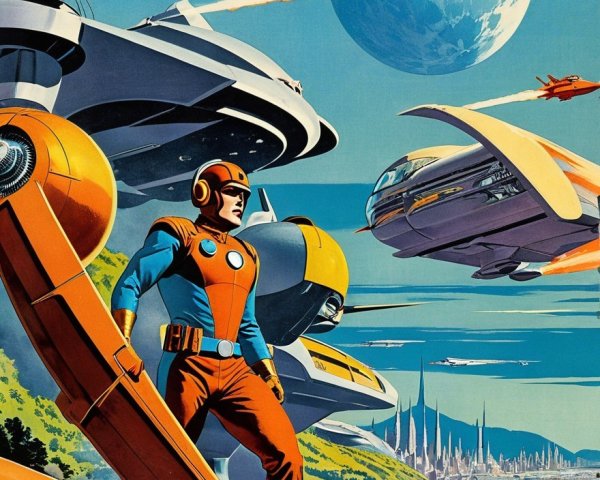 Futuristic Hero on Spaceship with Vibrant Sky and Moon