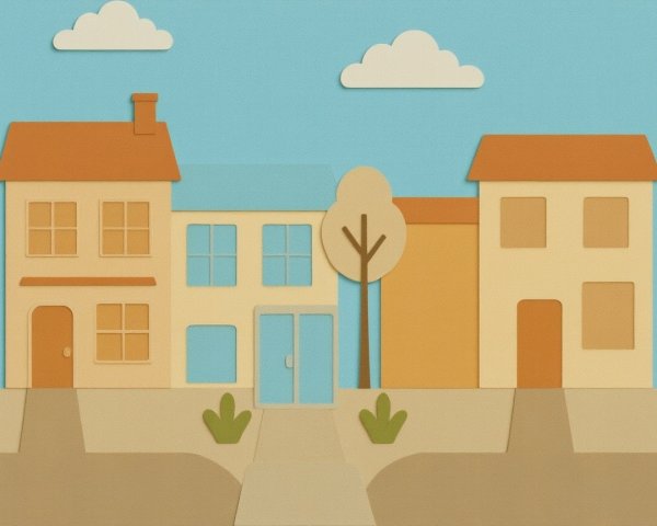 Charming Paper Cut-Out Scene of Quaint Pastel Houses