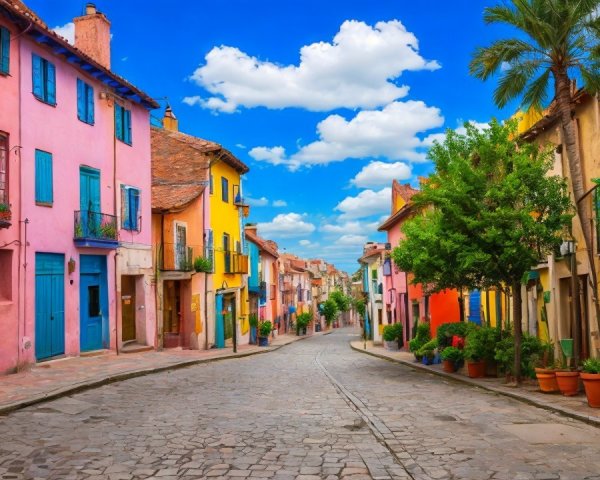 Vibrant Street Scene with Colorful Houses and Greenery