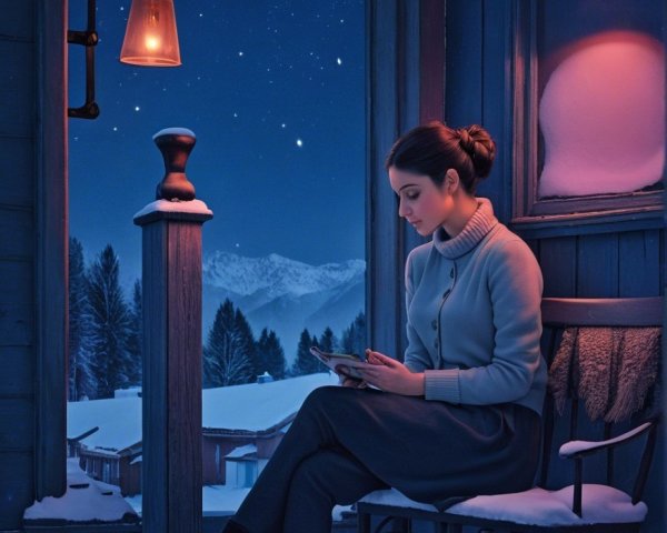 Woman in cozy cabin reading by a snow-covered window
