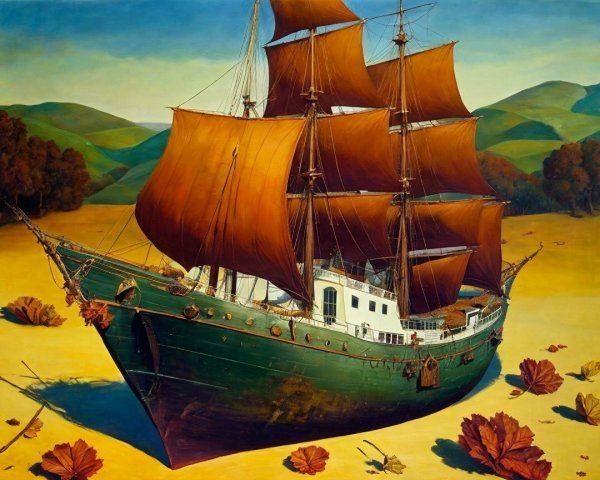 Majestic ship with orange sails in surreal landscape