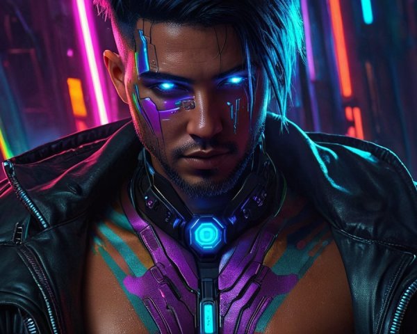 Futuristic Character with Cybernetic Features and Neon Lights