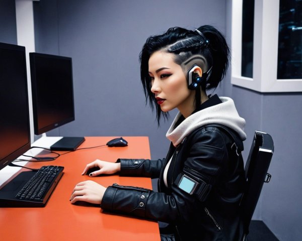 Young Woman with Cybernetic Haircut at Desktop Setup
