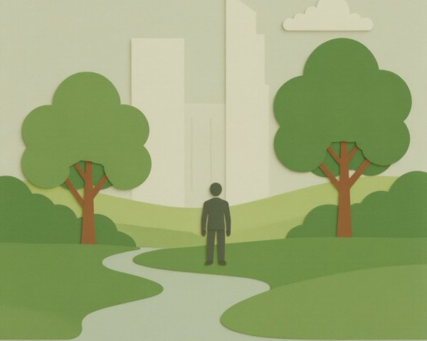 Paper Art Landscape with Path and Stylized Trees