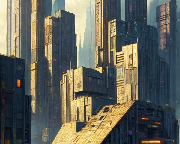 Futuristic cityscape with skyscrapers and neon lights