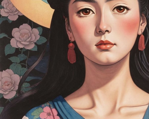 Serene Young Woman in Vibrant Kimono Under Moonlight