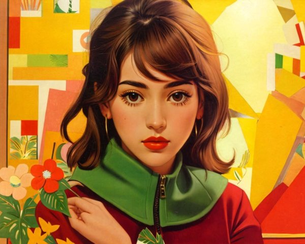 Young girl in red jacket with colorful backdrop
