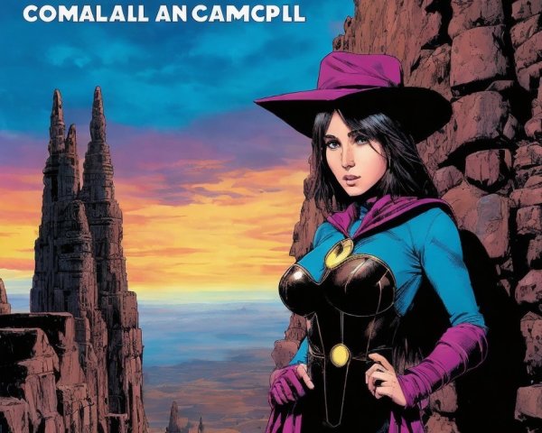 Superheroine in Blue Costume with Sunset Background