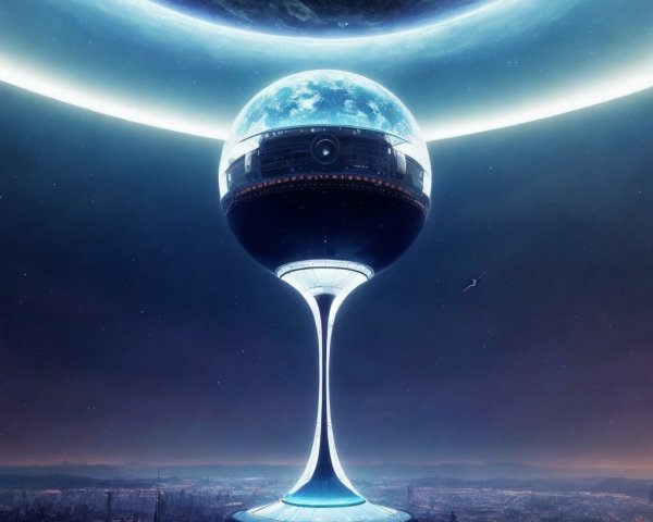 Futuristic cityscape with hourglass structure and cosmos