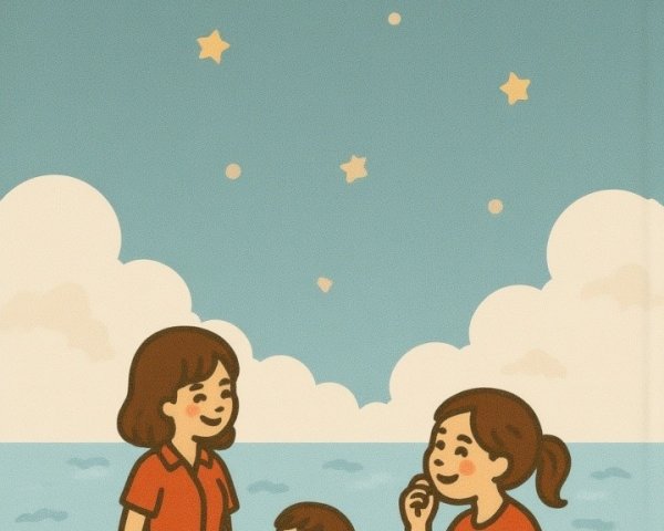 Three Characters by the Seaside with Starry Sky