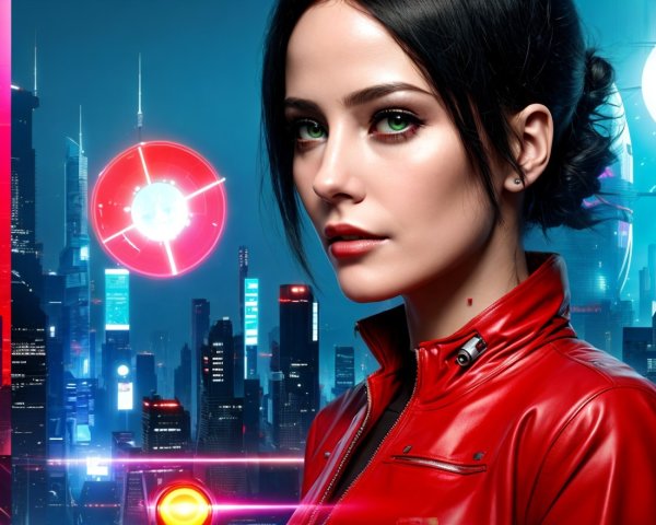 Futuristic Female Figure in Neon Cityscape Setting