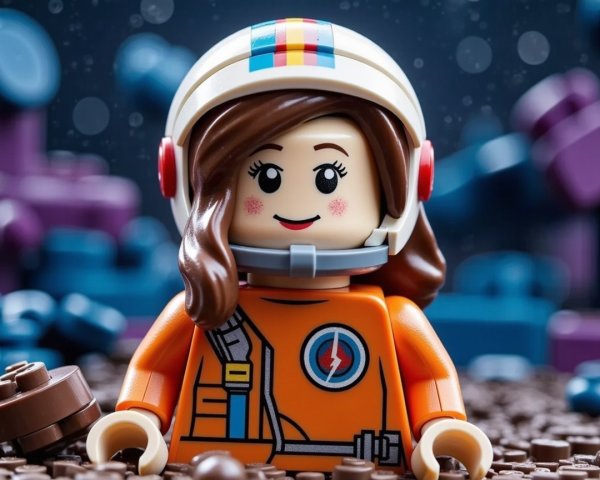 Cheerful Lego Female Astronaut in Colorful Space Scene