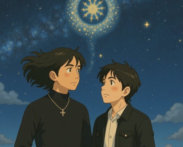 Boys Observing Starry Night Sky with Celestial Symbol