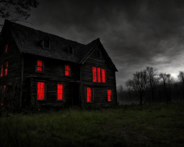 Eerie Dilapidated House Under Dark Stormy Sky