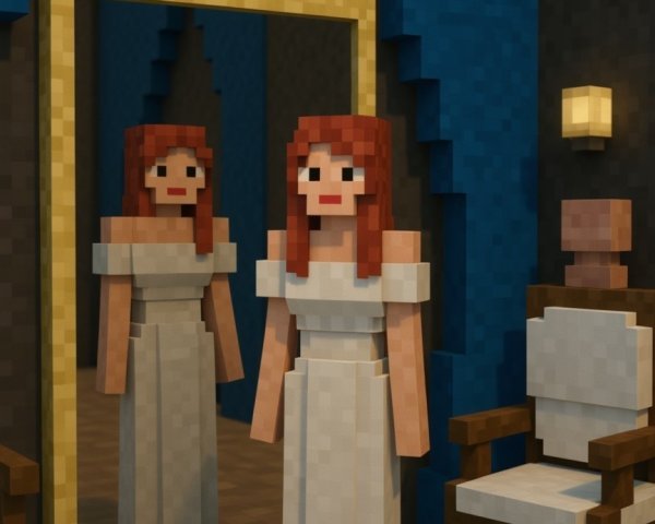Pixelated Room with Character and Golden Mirror