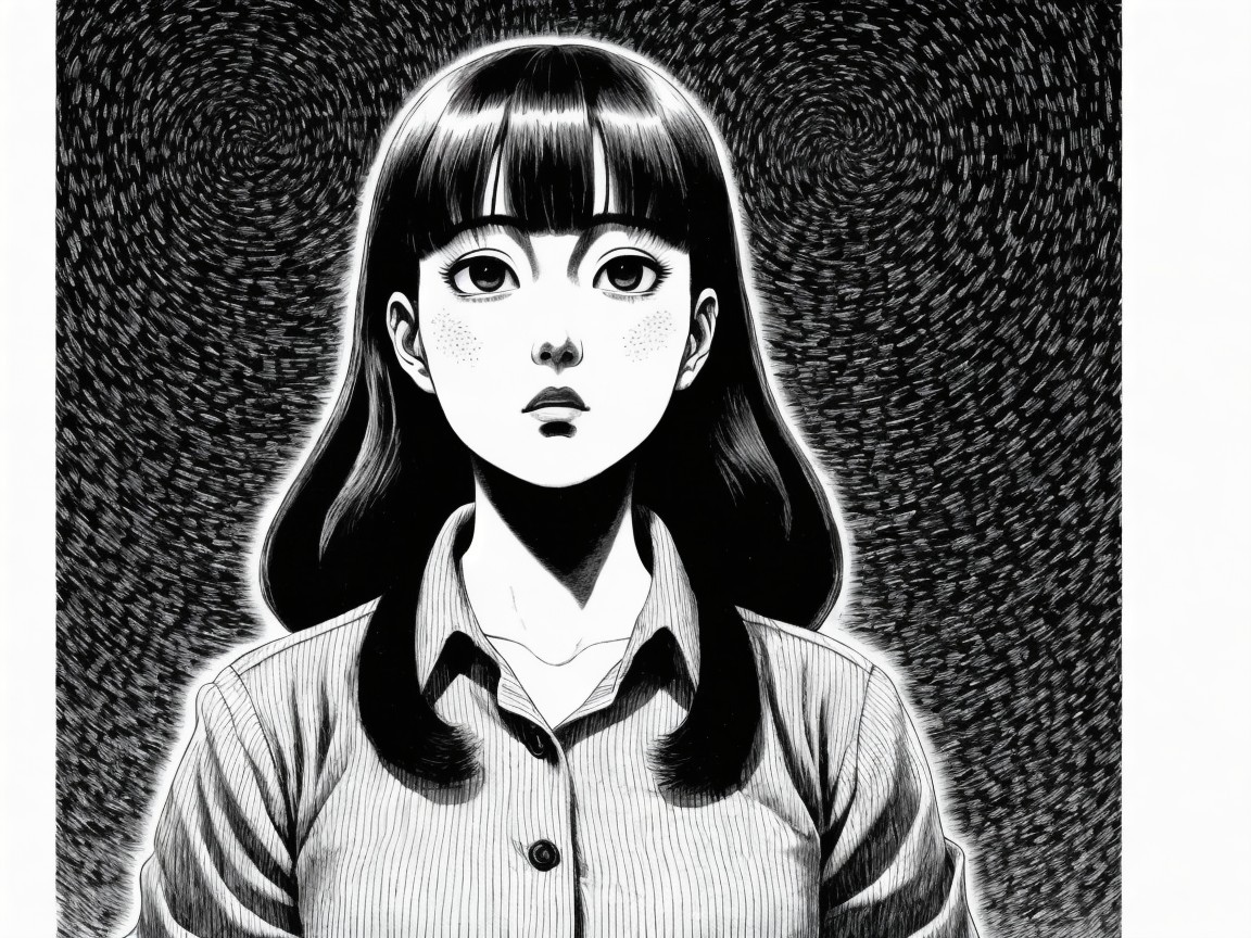 Black-and-white illustration of a young woman with freckles
