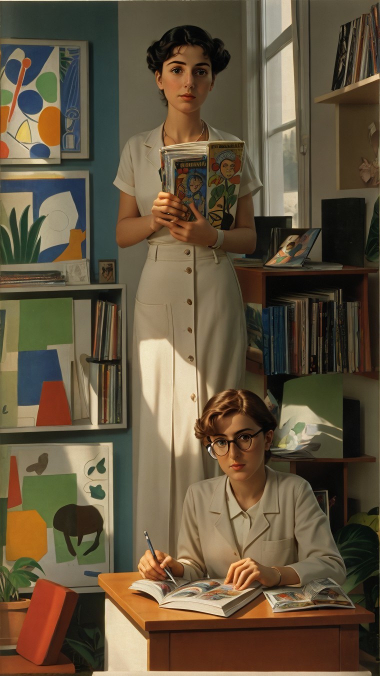Young Women in Artistic Space with Books and Art