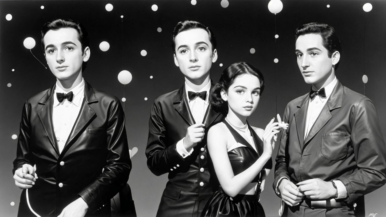 Elegantly Dressed Individuals Against White Sphere Backdrop