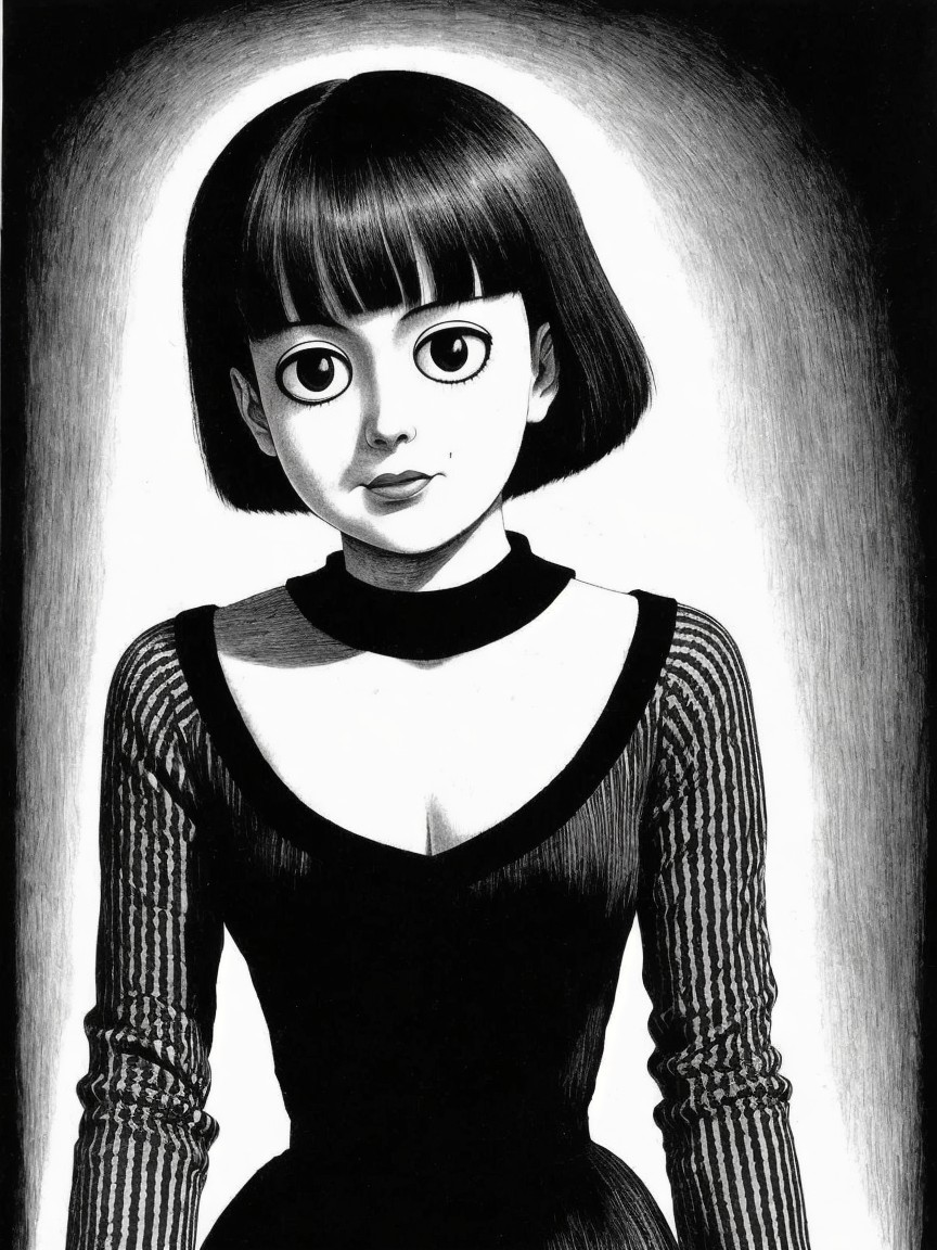 Monochromatic Illustration of a Young Girl in Stripes