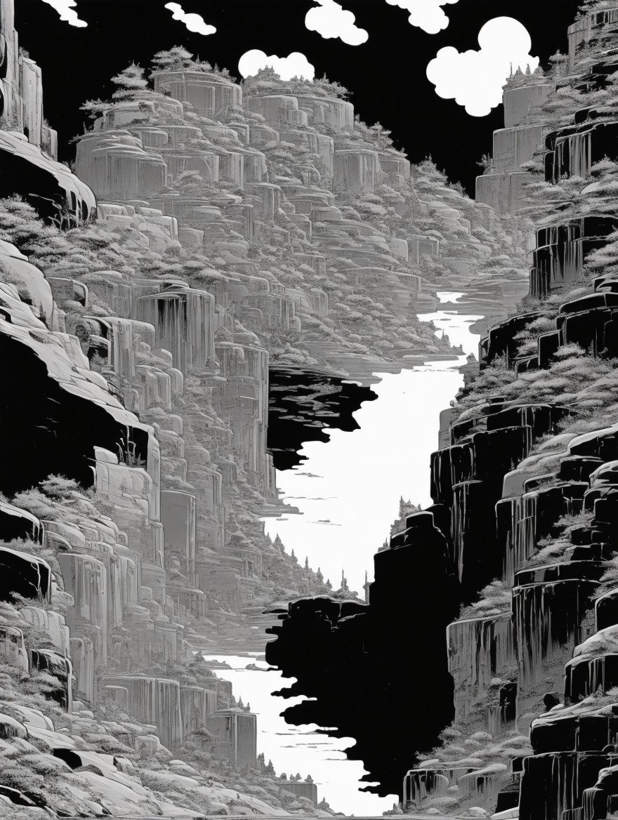 Monochromatic Landscape with Cliffs and River