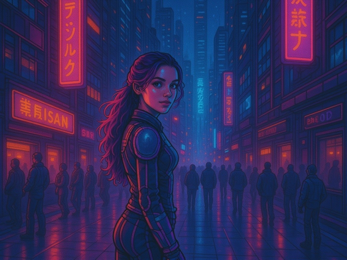 Futuristic Urban Scene with Neon Lights and Shadows