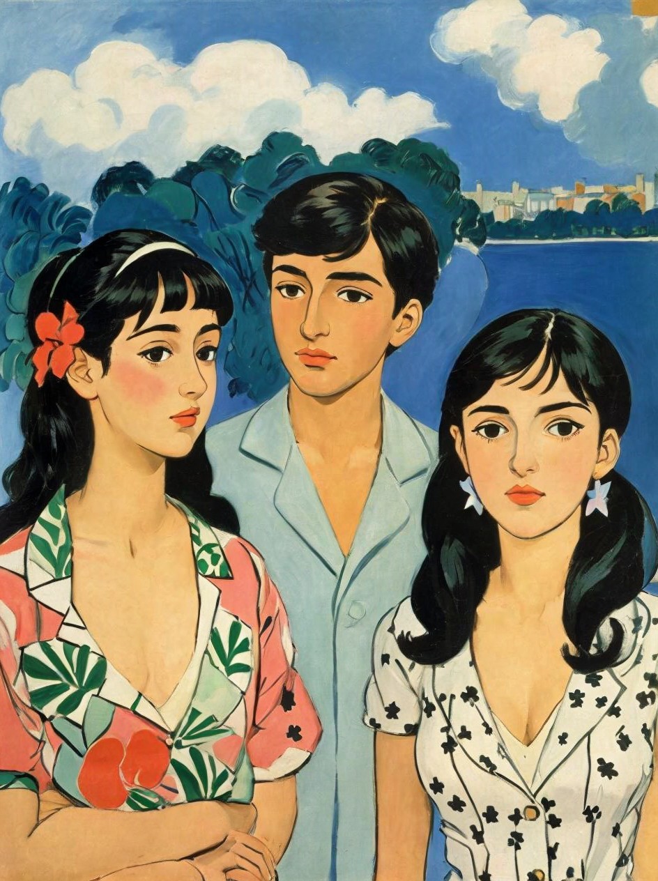 Group of Three by Water with Buildings and Sky