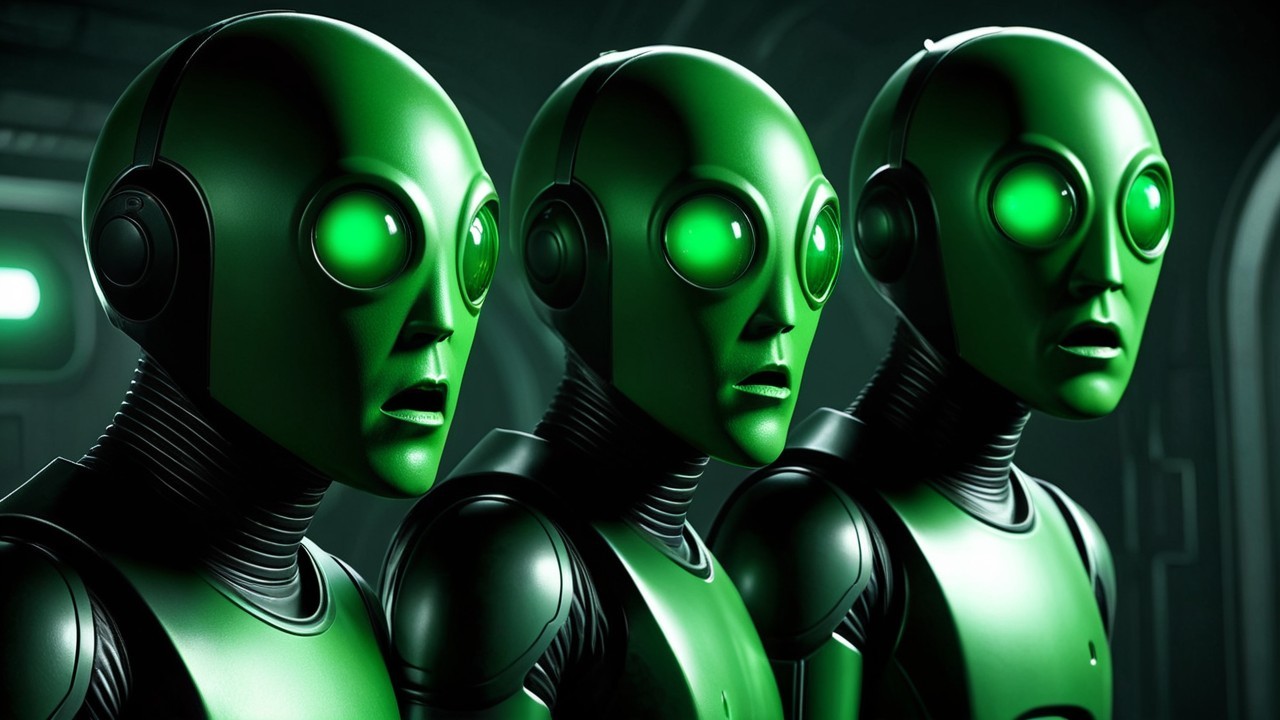 Futuristic green robots with glowing eyes in tech setting