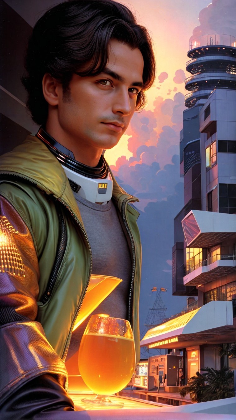 Young man in stylish jacket at modern airport sunset