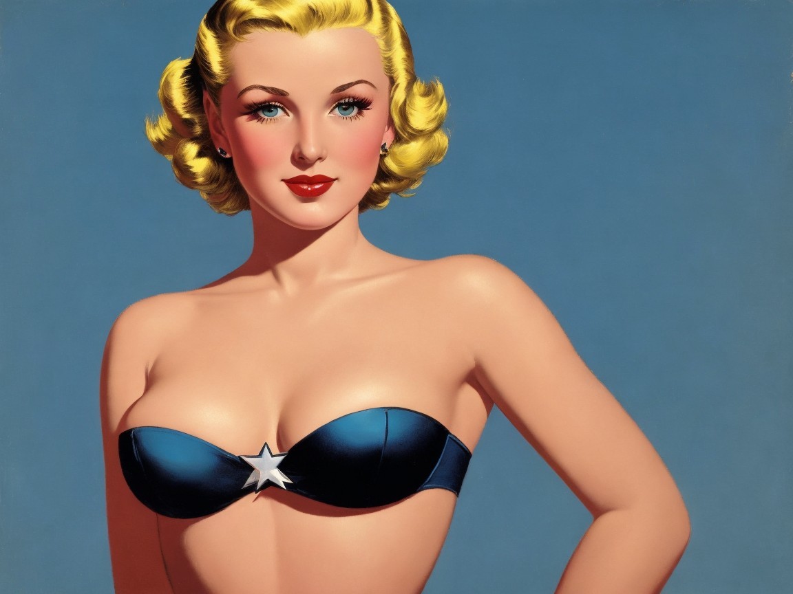 Vintage Glamour Illustration of a Woman in Blue Top
