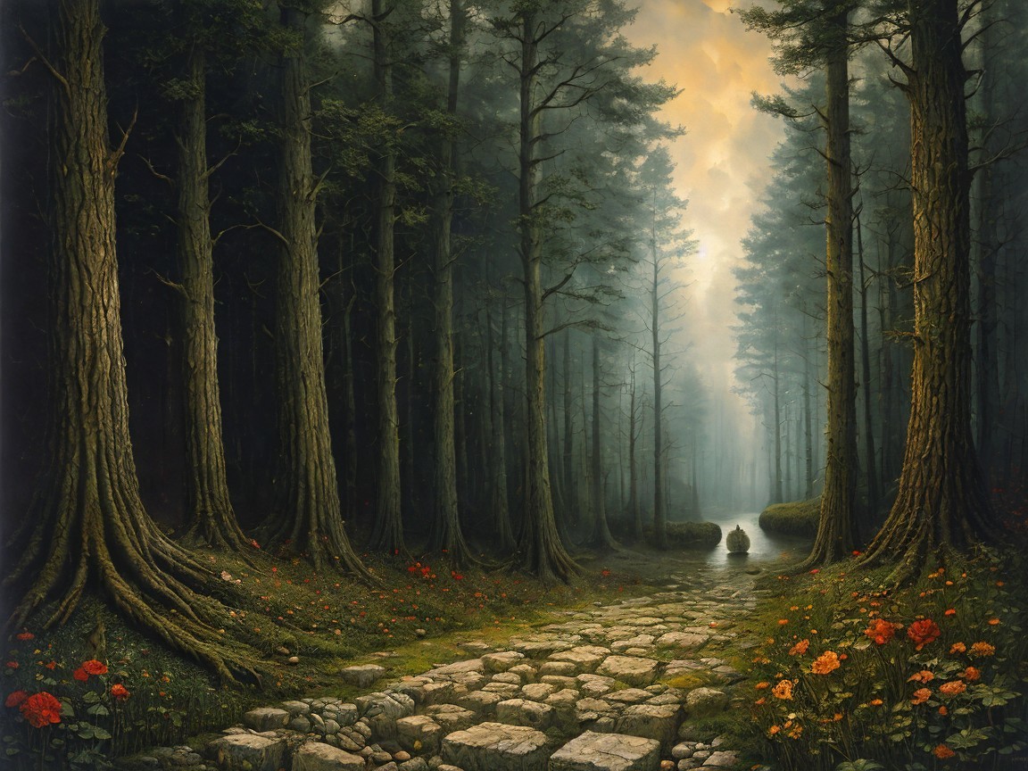 Serene forest scene with trees, flowers, and mist